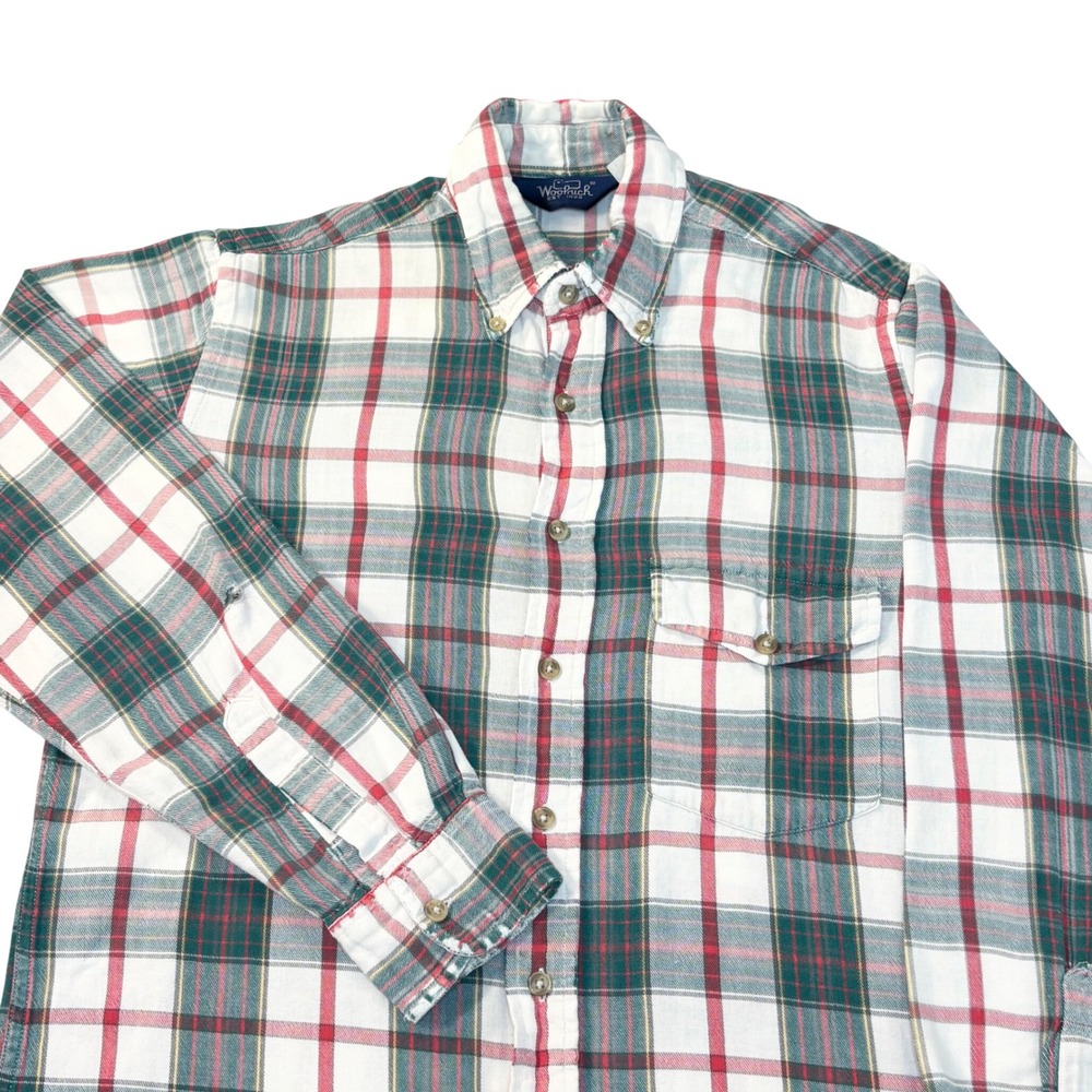 Vintage 80s Woolrich flannel‎ men's medium green red plaid distressed
